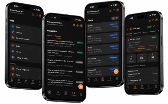 La app de Brioforz en cuatro celulares: menú, mensajes, clases y ficha de un socio