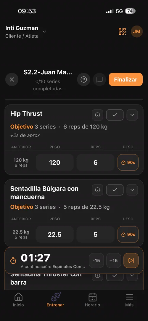 Registro de pesos y repeticiones en la app para socios