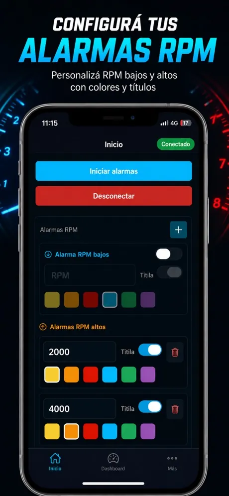 Configuración de alarmas de RPM con colores