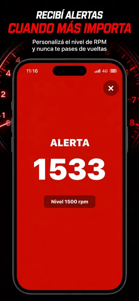 Pantalla roja de alerta de la app al superar las 1500 RPM