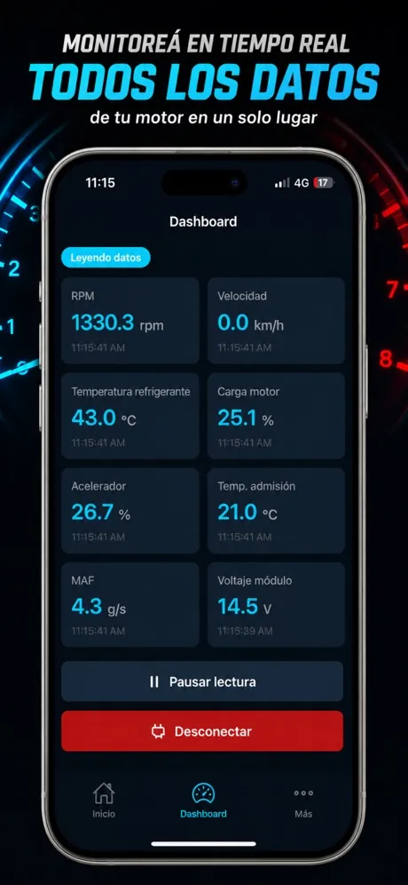 Dashboard de la app con RPM, velocidad, temperatura y otras lecturas en tiempo real